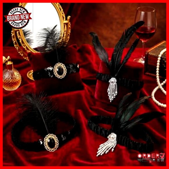 1920s Flapper Feather Headband Set, 24 Pieces with Rhinestones, Elastic main image 4